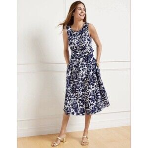 Talbots Women's POPLIN FIT & FLARE DRESS JACOBEAN White Blue Size 22W NWT